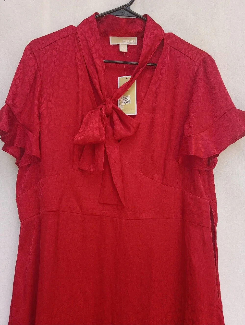 Michael Kors Red Jacquard Cheetah Print Tie Neck Midi Dress